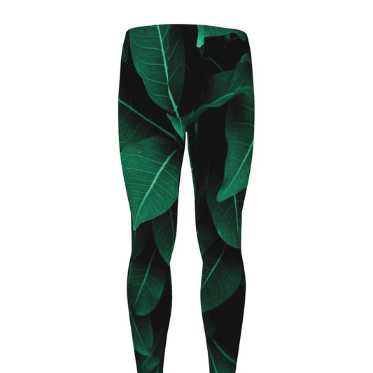 Natural Green Leaf Print Men's leggings