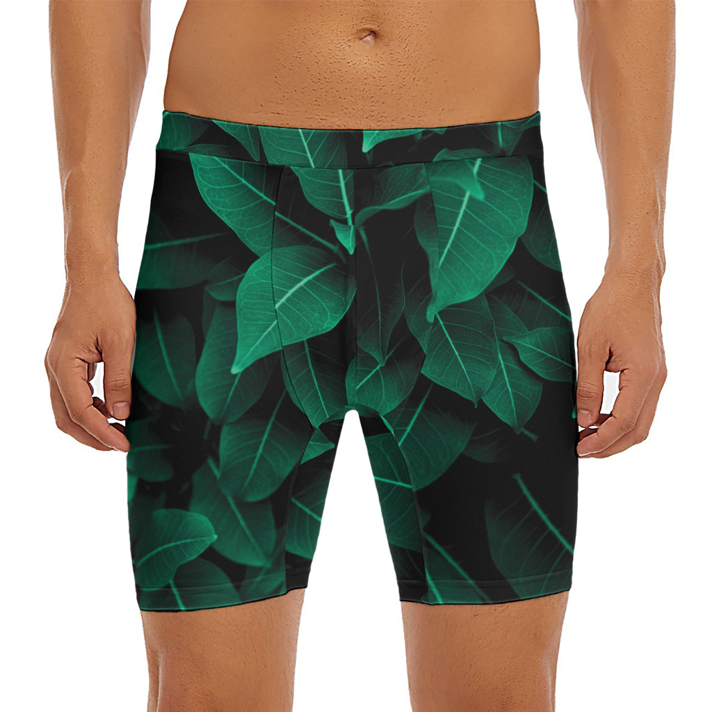 Natural Green Leaf Print Men's Long Boxer Briefs