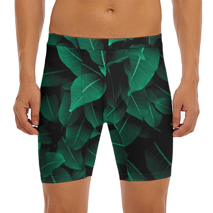 Natural Green Leaf Print Men's Long Boxer Briefs