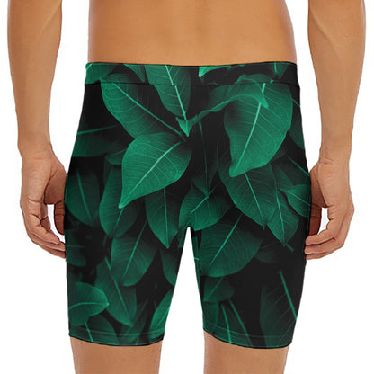 Natural Green Leaf Print Men's Long Boxer Briefs