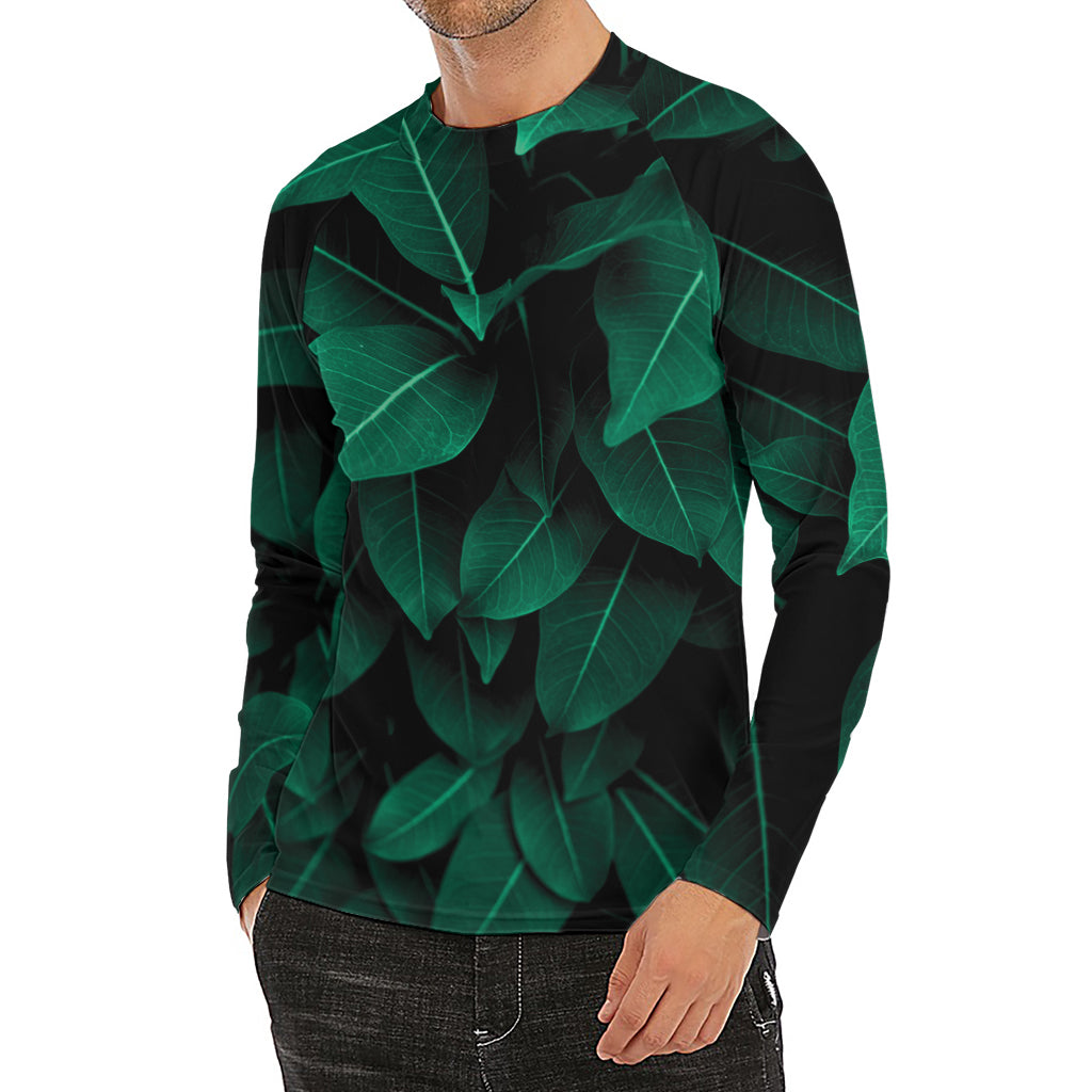 Natural Green Leaf Print Men's Long Sleeve Rash Guard