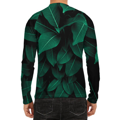 Natural Green Leaf Print Men's Long Sleeve Rash Guard