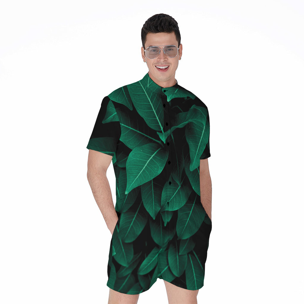Natural Green Leaf Print Men's Rompers