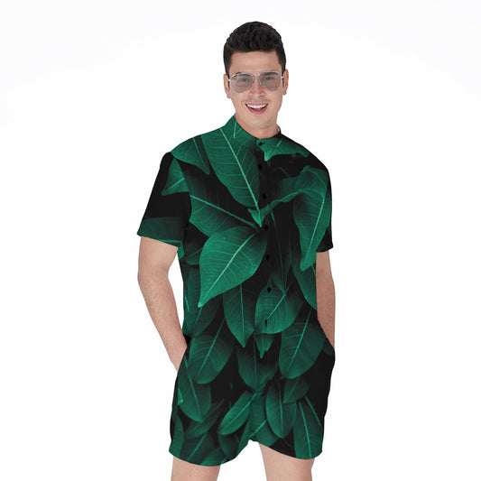 Natural Green Leaf Print Men's Rompers