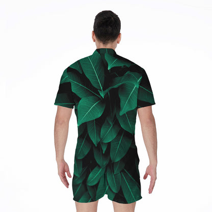 Natural Green Leaf Print Men's Rompers
