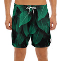 Natural Green Leaf Print Men's Split Running Shorts