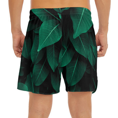 Natural Green Leaf Print Men's Split Running Shorts