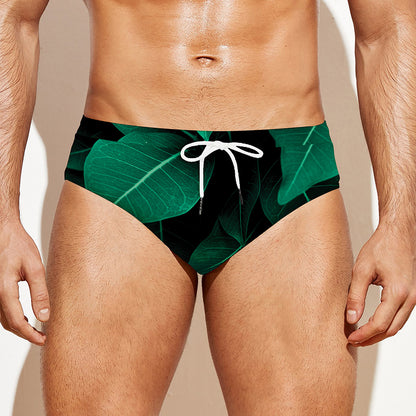 Natural Green Leaf Print Men's Swim Briefs