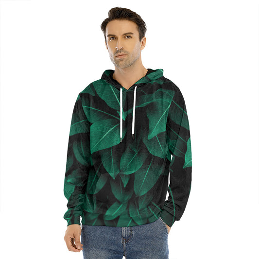 Natural Green Leaf Print Men's Velvet Pullover Hoodie