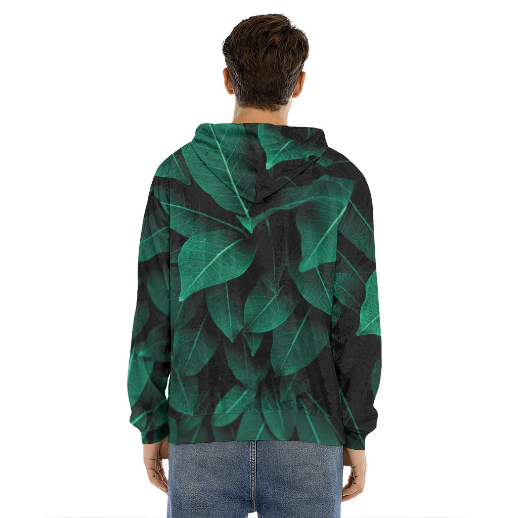 Natural Green Leaf Print Men's Velvet Pullover Hoodie