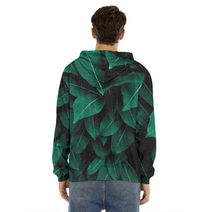 Natural Green Leaf Print Men's Velvet Pullover Hoodie