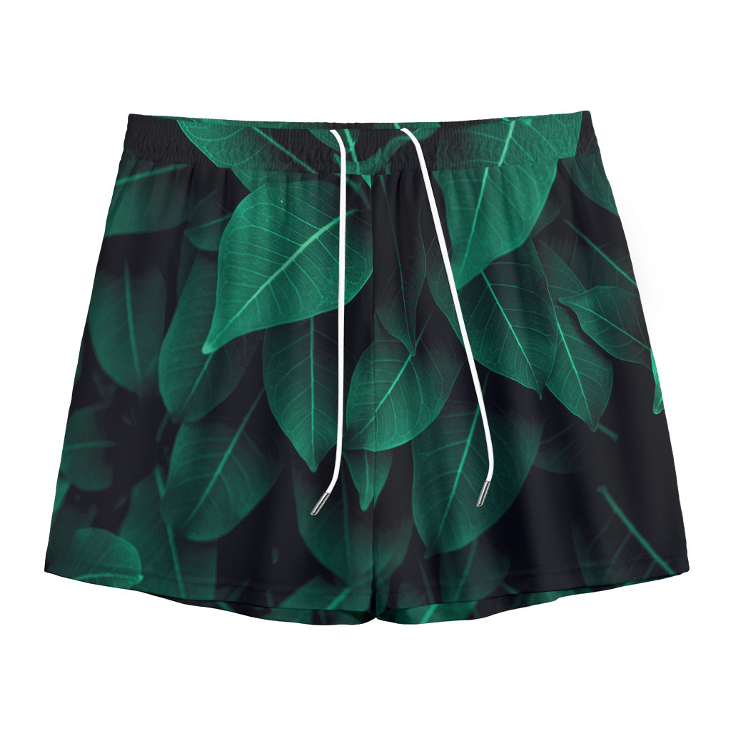 Natural Green Leaf Print Mesh Shorts