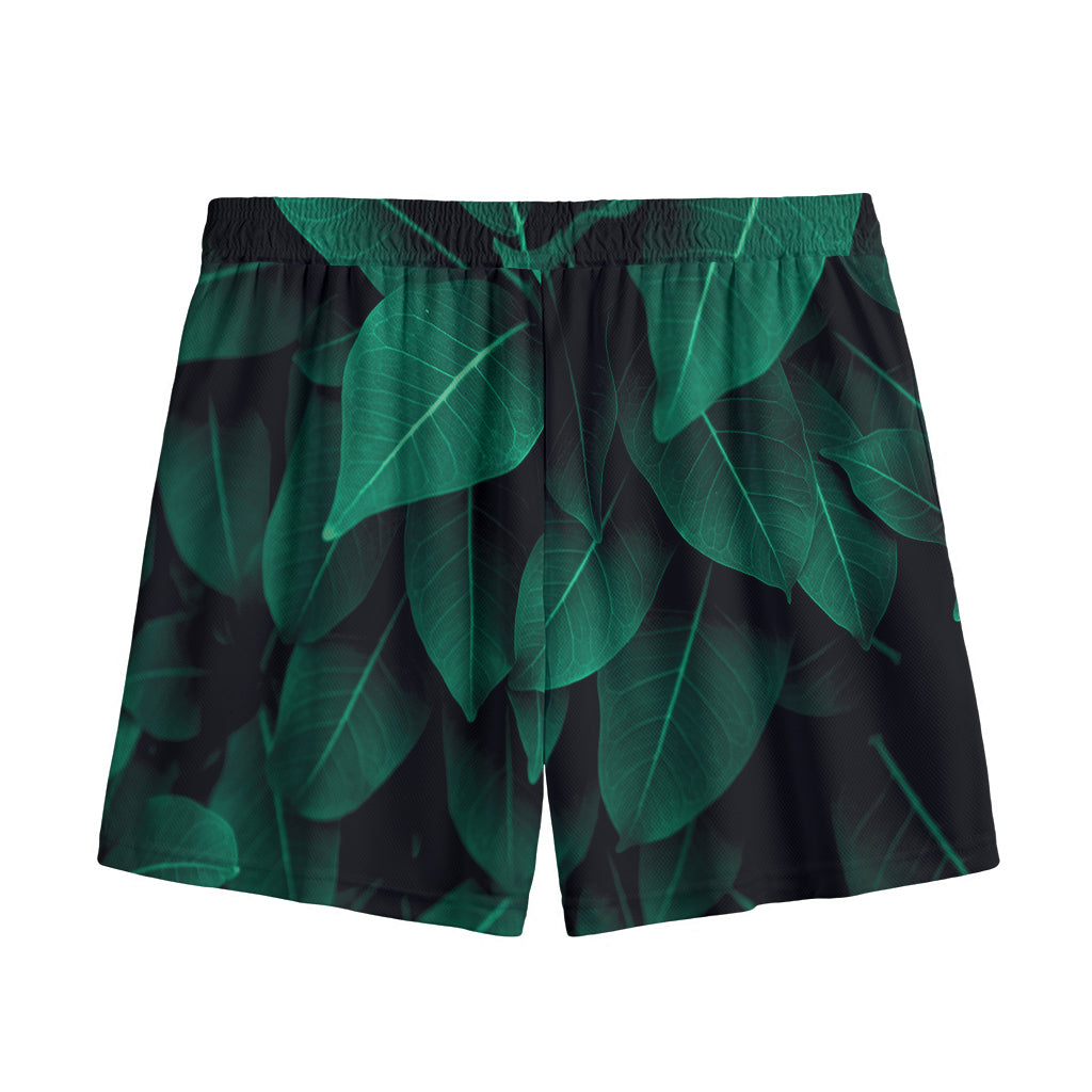 Natural Green Leaf Print Mesh Shorts