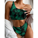 Natural Green Leaf Print One Shoulder Bikini Top