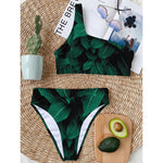Natural Green Leaf Print One Shoulder Bikini Top