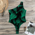 Natural Green Leaf Print One Shoulder Bodysuit