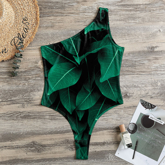 Natural Green Leaf Print One Shoulder Bodysuit