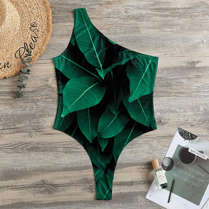Natural Green Leaf Print One Shoulder Bodysuit