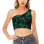 Natural Green Leaf Print One Shoulder Crop Top