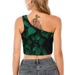 Natural Green Leaf Print One Shoulder Crop Top