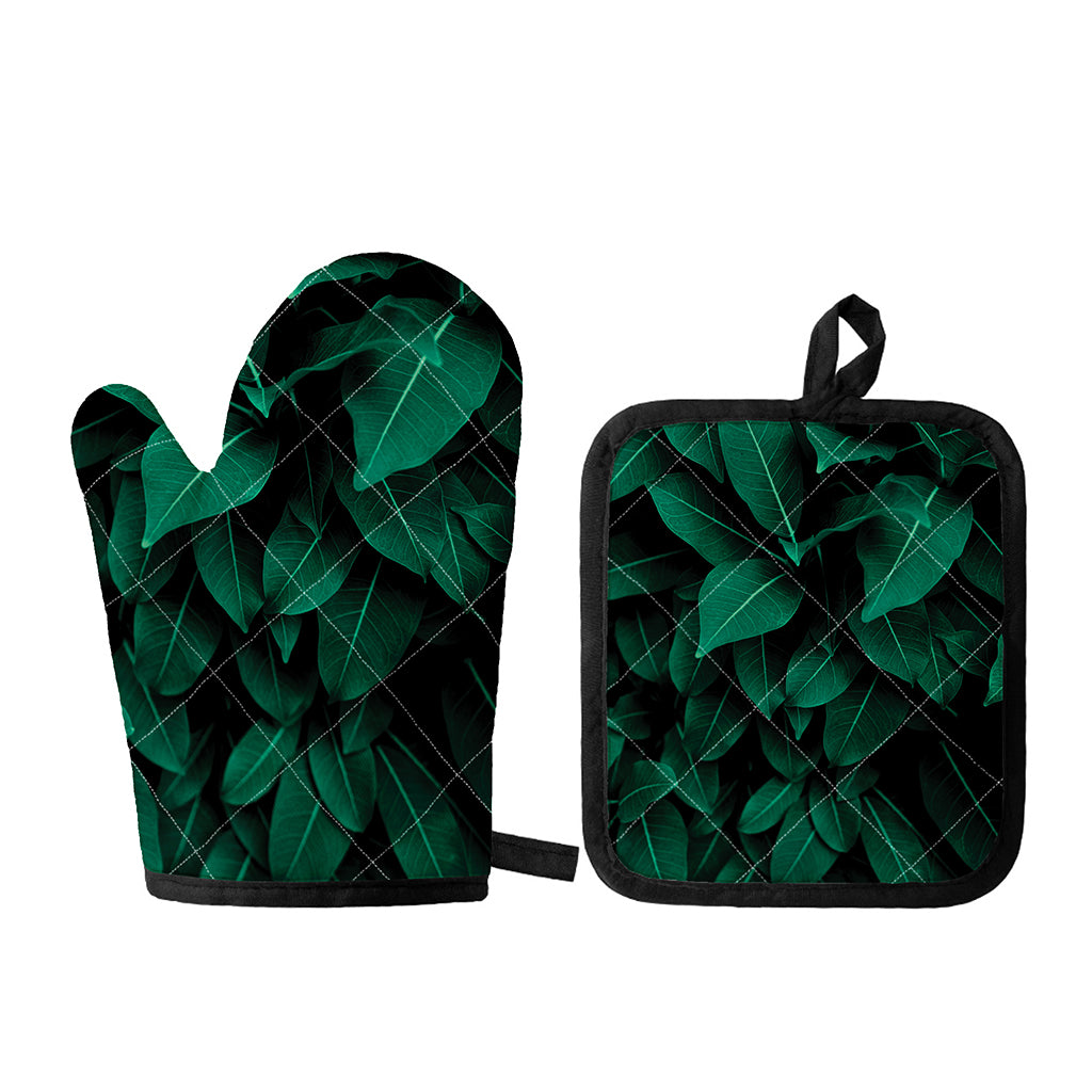 Natural Green Leaf Print Oven Mitt And Pot Holder Set