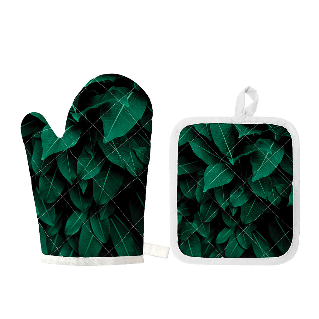 Natural Green Leaf Print Oven Mitt And Pot Holder Set