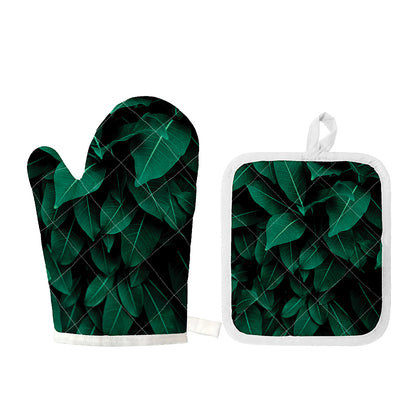 Natural Green Leaf Print Oven Mitt And Pot Holder Set