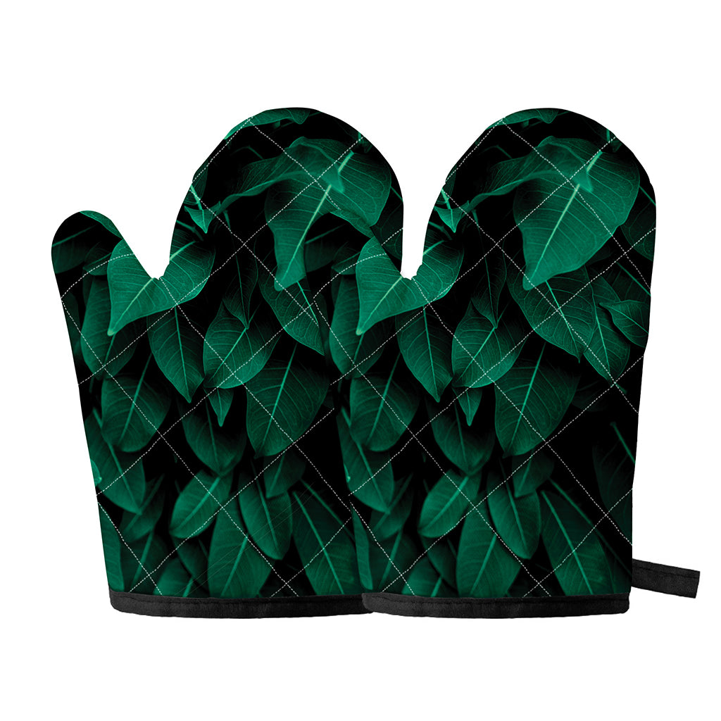 Natural Green Leaf Print Oven Mitts