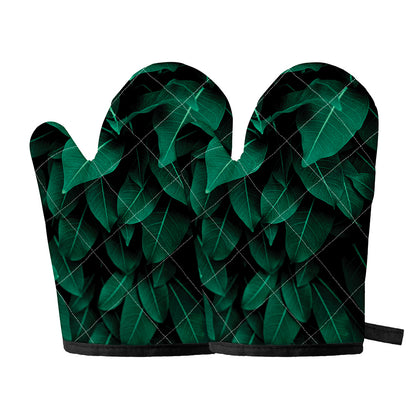 Natural Green Leaf Print Oven Mitts