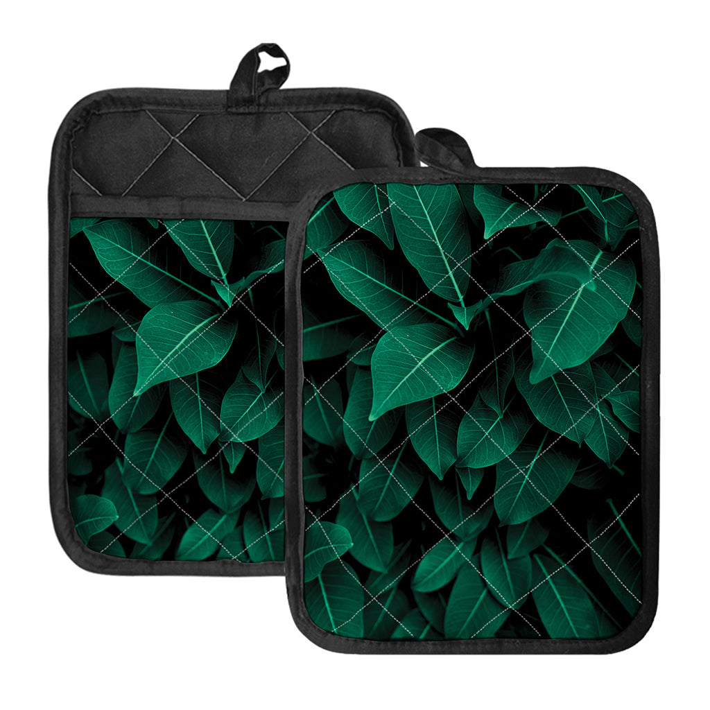 Natural Green Leaf Print Pot Holders With Pocket