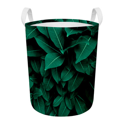 Natural Green Leaf Print Round Laundry Basket