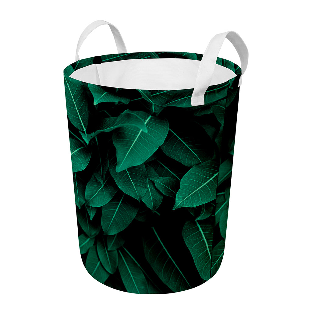 Natural Green Leaf Print Round Laundry Basket