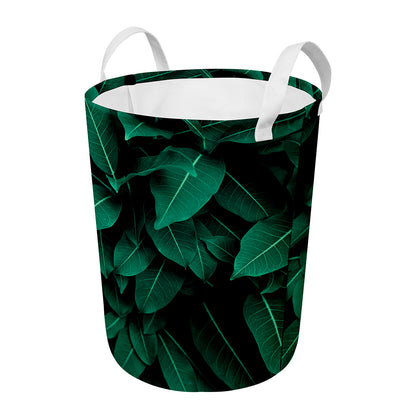 Natural Green Leaf Print Round Laundry Basket