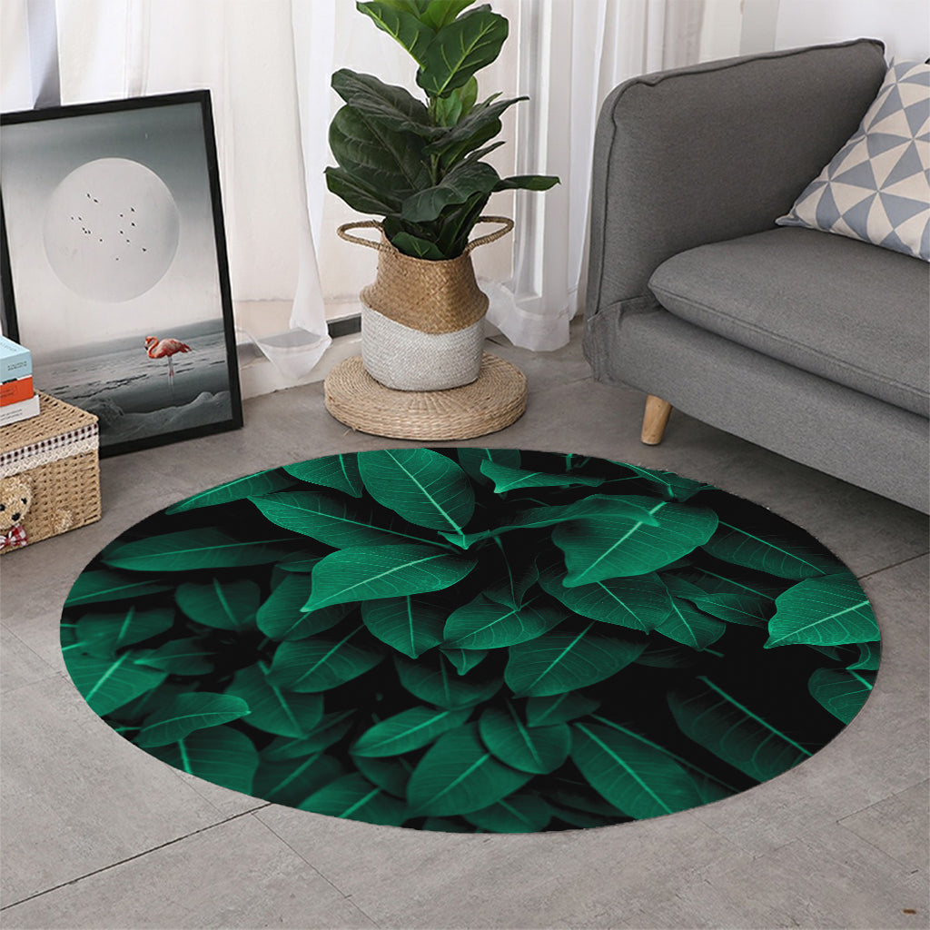 Natural Green Leaf Print Round Rug