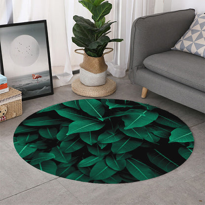 Natural Green Leaf Print Round Rug