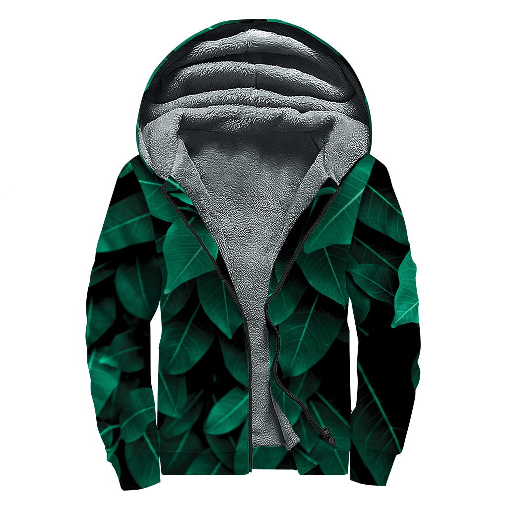 Natural Green Leaf Print Sherpa Lined Zip Up Hoodie