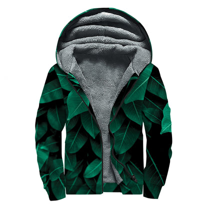Natural Green Leaf Print Sherpa Lined Zip Up Hoodie