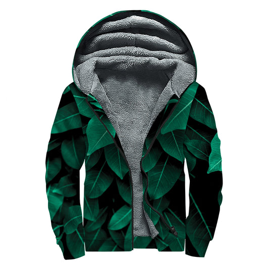 Natural Green Leaf Print Sherpa Lined Zip Up Hoodie