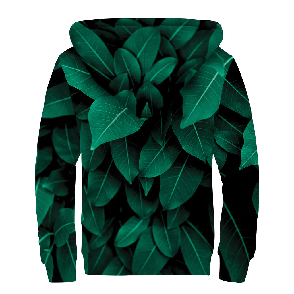 Natural Green Leaf Print Sherpa Lined Zip Up Hoodie
