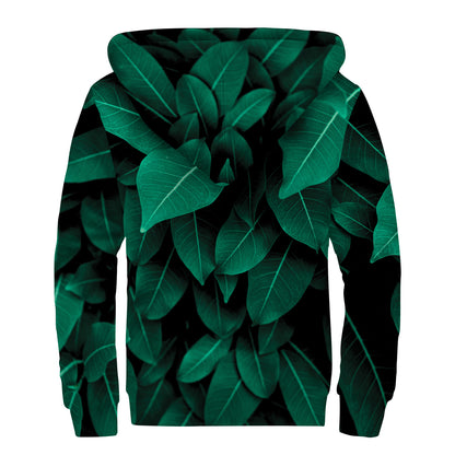 Natural Green Leaf Print Sherpa Lined Zip Up Hoodie