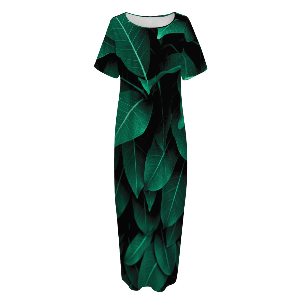 Natural Green Leaf Print Short Sleeve Long Nightdress