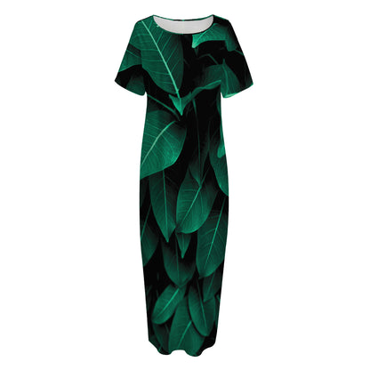 Natural Green Leaf Print Short Sleeve Long Nightdress