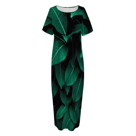Natural Green Leaf Print Short Sleeve Long Nightdress