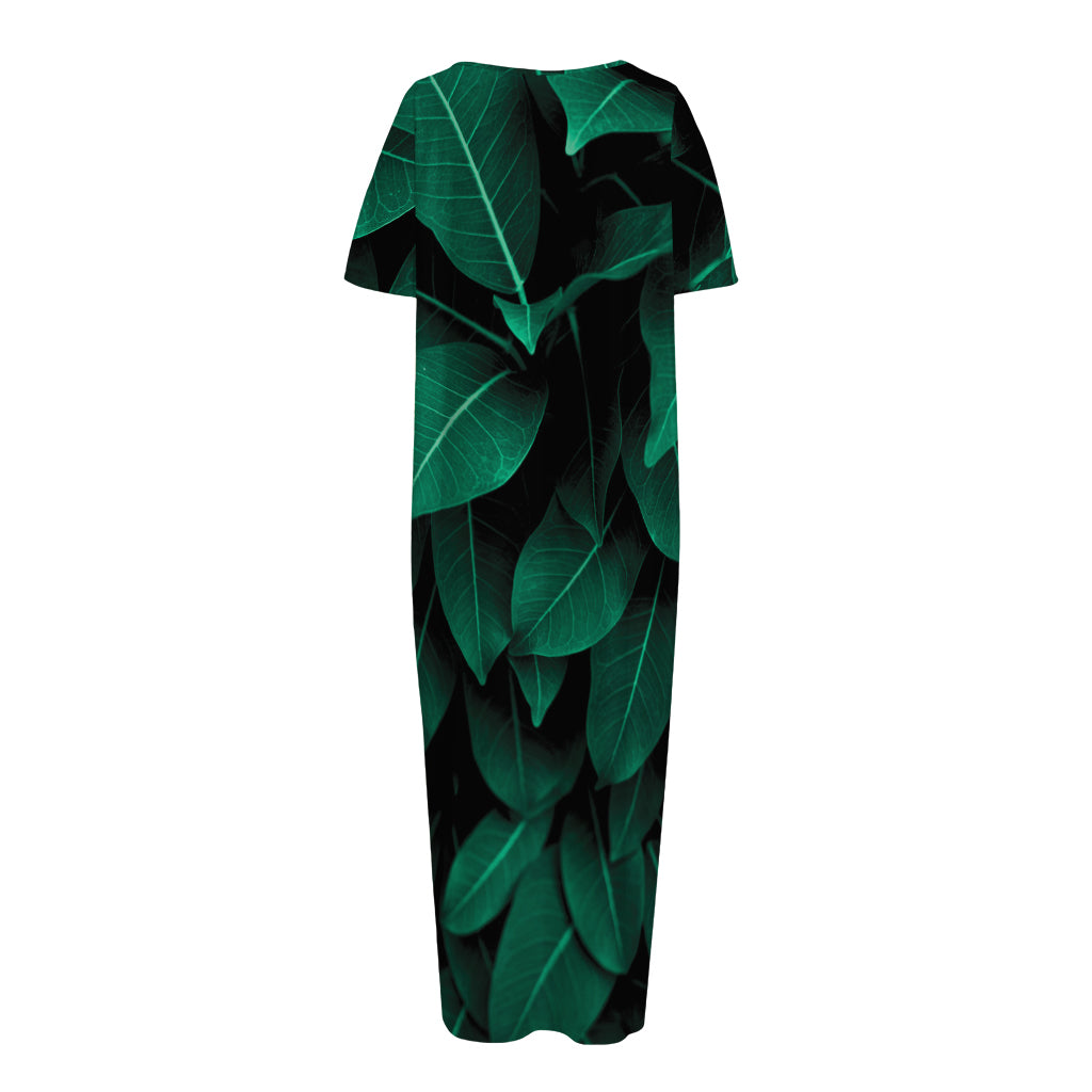 Natural Green Leaf Print Short Sleeve Long Nightdress