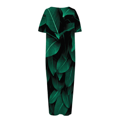Natural Green Leaf Print Short Sleeve Long Nightdress