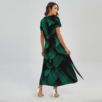 Natural Green Leaf Print Short Sleeve Maxi Dress