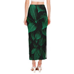 Natural Green Leaf Print Side Slit Maxi Skirt
