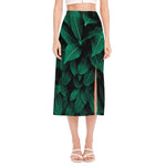 Natural Green Leaf Print Side Slit Midi Skirt