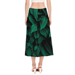 Natural Green Leaf Print Side Slit Midi Skirt