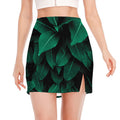 Natural Green Leaf Print Side Slit Mini Skirt